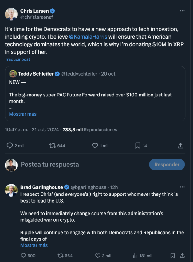 Mensajes de respaldo de directivos de Ripple a Kamala Harris. 
